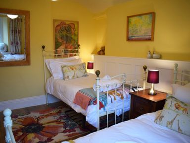 A bedroom with two single beds a nightstand with a lamp animal print pillows and floral rug at Trewenna in Roseland Tregony