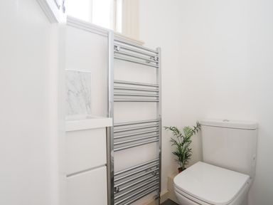 A bathroom with a white toilet small white sink chrome towel warmer and a potted plant at Awelfryn in Criccieth