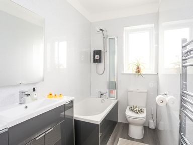 A bathroom with a bathtub shower combo sink with ducks toilet and a plant on the window at Awelfryn in Criccieth