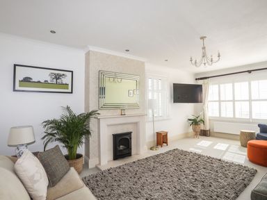A living room with a sofa and cushions fireplace with a mirror plants and a wall mounted television at Awelfryn in Criccieth