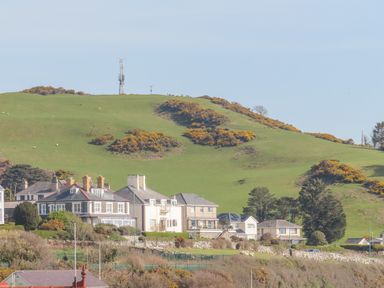 A hillside with green grass and yellow bushes behind several residential houses at Awelfryn in Criccieth