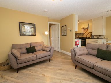 A living room with two sofas and a kitchen area at Jenny's in Hawkshead
