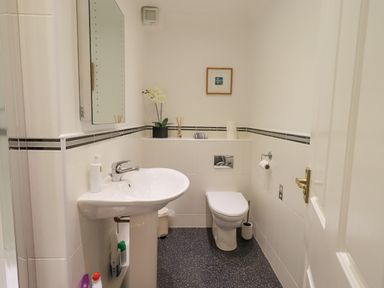 A bathroom with a sink, mirror, toilet, and toilet paper holder at Beechside in Ambleside