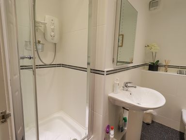 A bathroom with a corner shower enclosure and a pedestal sink with a mirror above at Beechside in Ambleside