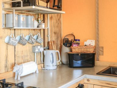 A kitchen countertop with a kettle jars hanging mugs a black container and a paper towel holder at Semira Tent Lodge in Blackawton