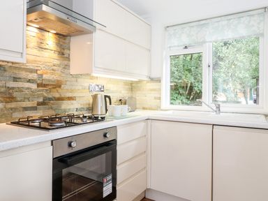 A kitchen with a gas stove oven white cabinets a kettle and mugs on the counter beside a window with a view of trees at Honeysuckle Lodge Thirlmere 14 White Cross Bay near Windermere