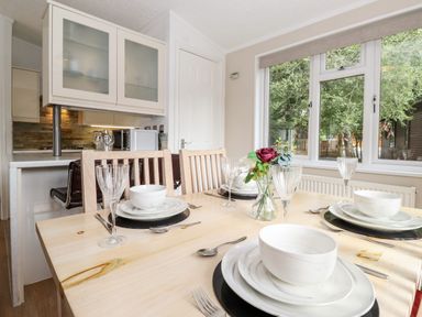 A dining table set with plates bowls glasses and cutlery next to a window overlooking trees at Honeysuckle Lodge in Thirlmere 14 White Cross Bay near Windermere