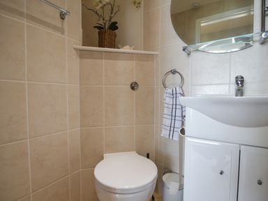 A bathroom with a toilet sink a towel hanging on a ring and a flower pot on a shelf at 1 Argyle House Lyme Regis