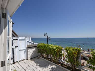 A balcony with green plants overlooking the beach and sea at 1 Argyle House Lyme Regis