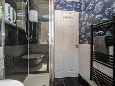 A bathroom with a shower and a towel radiator at Ty Glan Morfa in Morfa Bychan