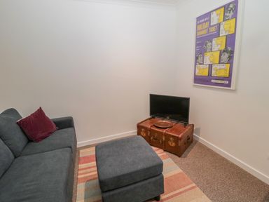 A small living room with a gray sofa and ottoman on a striped rug a TV on a wooden trunk and a framed poster on the wall at Cherry Studio in Crookham near Cornhill-On-Tweed