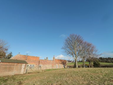 A brick and stone building with a wooden shed and trees in a grassy field at Cherry Studio in Crookham near Cornhill-On-Tweed
