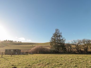 A grassy field with a shed trees and hills in the background at Cherry Studio in Crookham near Cornhill-On-Tweed