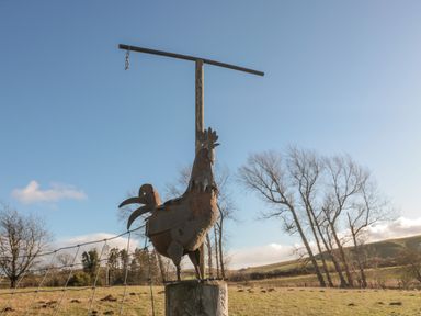 A metal rooster mounted on a wooden post in a rural field with leafless trees in the background at Cherry Studio in Crookham near Cornhill-On-Tweed
