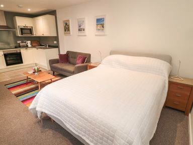 A studio apartment with a bed white bedspread sofa kitchen area and colorful rug at Silverbirch in Crookham near Cornhill-On-Tweed
