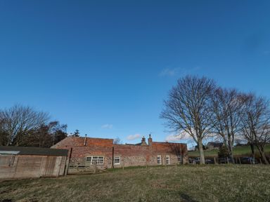 A brick and stone house with several windows and a wooden shed in a grassy field with bare trees at Silverbirch in Crookham near Cornhill-On-Tweed
