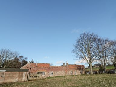 A brick and stone house with multiple windows and a wooden shed in a field with leafless trees at Cheviot View in Crookham near Cornhill-On-Tweed