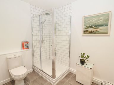 A bathroom with a glass shower enclosure white tiled walls a toilet a small unit with a plant and a framed painting on the wall at Flodden in Crookham near Cornhill-On-Tweed