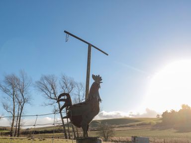 A metal rooster sculpture on a post with a wire fence and trees in a field at Flodden in Crookham near Cornhill-On-Tweed