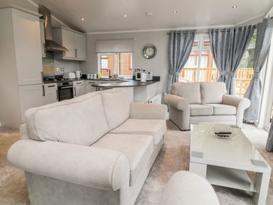 A living room with two sofas a coffee table and a kitchen in the background at Woodpecker Lodge in Highampton near Sheepwash