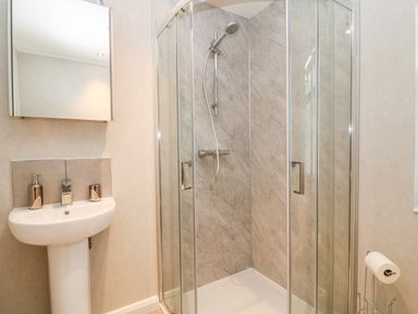 A bathroom with a shower enclosure a basin with soap dispenser and a mirror at Woodpecker Lodge in Highampton near Sheepwash