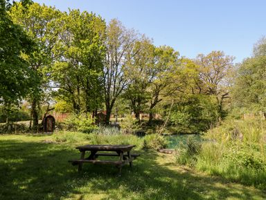 A wooden picnic table on grass near trees and a small pond at Woodpecker Lodge in Highampton near Sheepwash