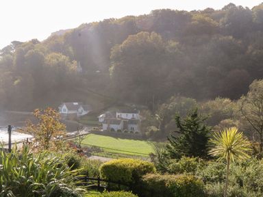 A rural landscape with houses trees and grassy fields at 14 St Elmo Court in Salcombe
