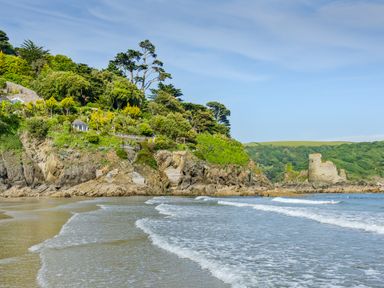 A beach with waves and rocky cliffs with greenery and ruins at 14 St Elmo Court in Salcombe