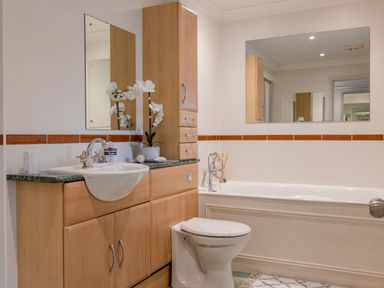 A bathroom with a sink a toilet a bathtub and wooden cabinets at 14 St Elmo Court in Salcombe