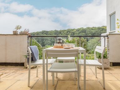 An outdoor patio with a white table and chairs set for coffee overlooking a forest at 14 St Elmo Court in Salcombe