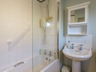 A bathroom with a bathtub shower combo and a pedestal sink with a mirrored cabinet above at The Old Dairy in Colyton