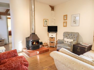 A living room with a wood burning stove armchairs a small television and framed pictures on the walls at The Old Dairy in Colyton
