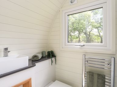 A bathroom with a sink, a window showing trees outside, a towel rack with a towel and a countertop with rolled towel and a plant at Tyddyn Parthle Pod 1 in Bontnewydd Gwynedd