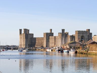 A waterfront view of a castle with boats docked along the shore in Bontnewydd Gwynedd