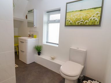 A bathroom with a toilet sink and cabinet with a mirror at The Gables in Sheepscombe