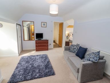 A sitting area with a sofa and cushions a chest of drawers with a small television and a mirror on the wall at The Gables in Sheepscombe
