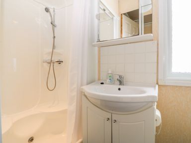 A bathroom with a shower area and a sink with soap at Plas Tirion Caravan in Llanfairynghornwy near Cemaes Bay