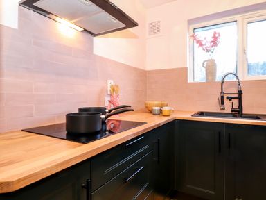 A kitchen corner with black cabinets wooden countertop two black cooking pots on stove and sink with a faucet and flowers in a vase at Tipsy Bee in Bowness-On-Windermere