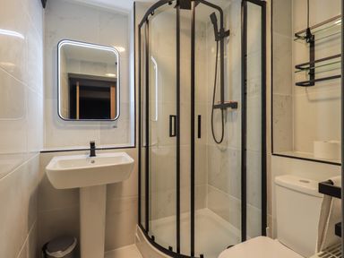 A bathroom with a shower enclosure a sink a mirror and a toilet at Tipsy Bee in Bowness-On-Windermere