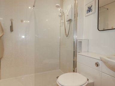 A bathroom with a shower and toilet at Kippy Cottage in Porthtowan
