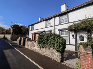 A row of white houses with black trim beside a road with stone walls and plants at Glynside in Conwy