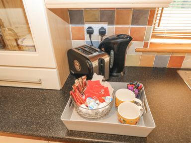 A kitchen countertop with a toaster electric kettle and a tray holding tea bags coffee creamer and two mugs at 14 Sneem Leisure Village Sneem County Kerry