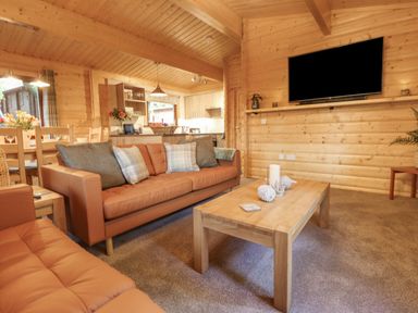 A living room with two brown sofas a wooden coffee table a wall-mounted television and an open kitchen area at Leafy Hollow Lodge in Louth