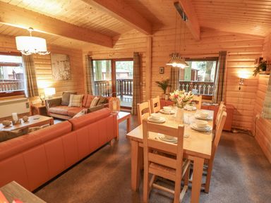 A living area with sofas and a dining table set with dishes in a wooden cabin at Leafy Hollow Lodge in Louth