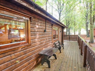 A wooden deck with a bench and chairs outside a log cabin surrounded by trees at Leafy Hollow Lodge in Louth