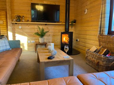 A living room with leather sofas a wooden coffee table a burning wood stove and a basket of firewood at Leafy Hollow Lodge in Louth