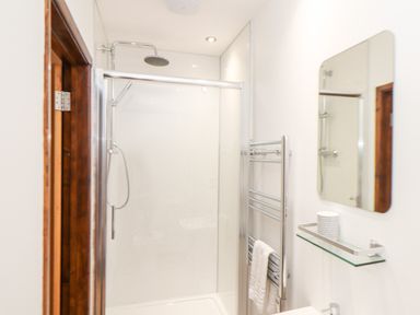 A bathroom with a shower area with glass door a towel rail a mirror and a small shelf with a cup at Pendeen in Mawnan Smith Near Falmouth