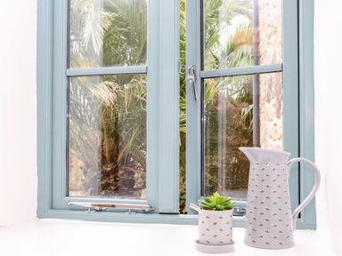 A window with blue frames showing outdoor plants with a pitcher and a potted succulent on the windowsill at Pendeen in Mawnan Smith Near Falmouth