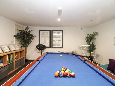A game room with a blue pool table surrounded by chairs plants and shelves at Pendeen in Mawnan Smith Near Falmouth