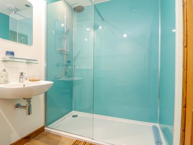 A bathroom with a walk in shower and a sink at Budock in Mawnan Smith Near Falmouth